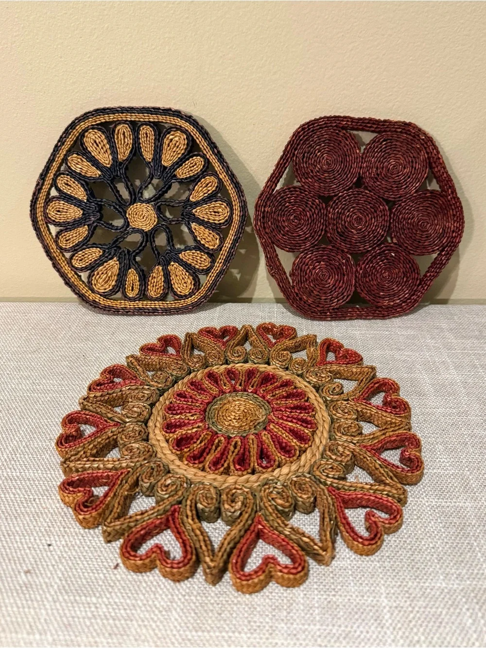 Vintage Woven Boho Table Trivets & Wall Hangings Set of 3 Coasters Farmhouse